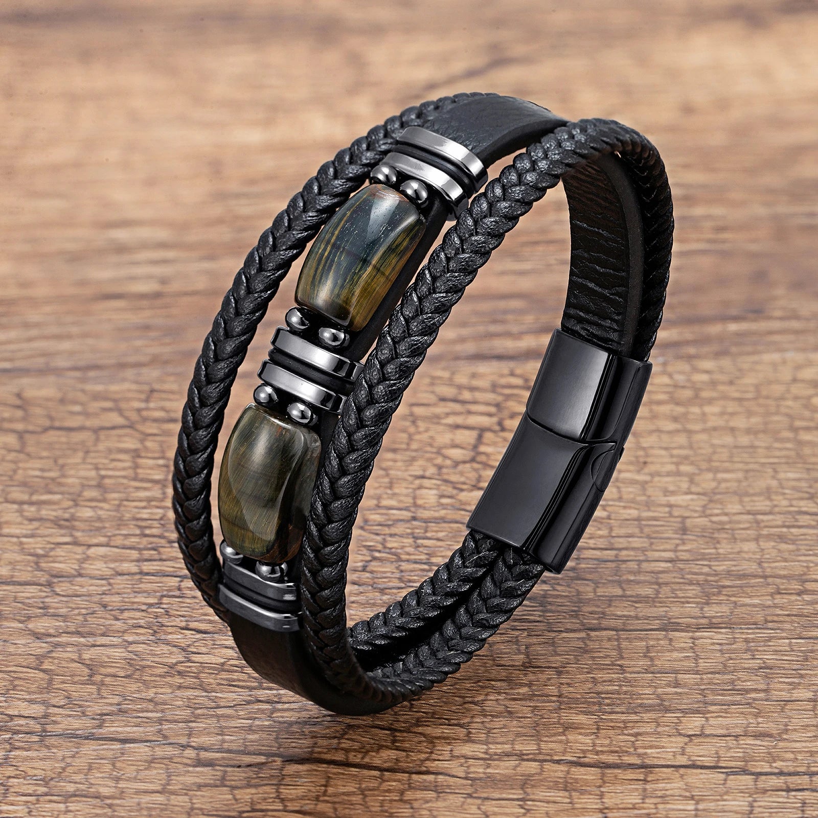 Bracelet Leather Braided Tiger Eye Stone Steel Bead