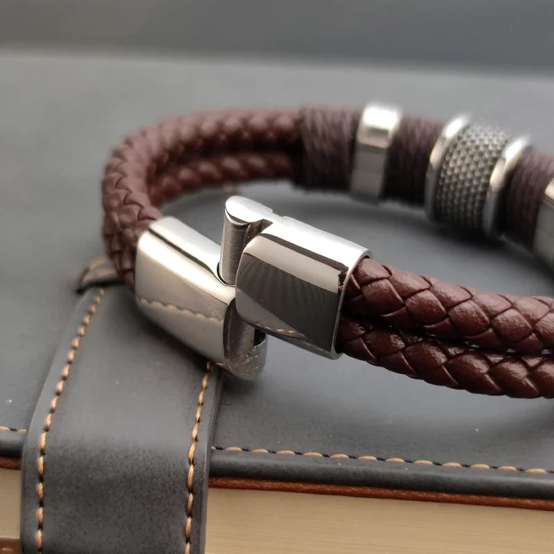 Bracelet Leather Wrap Multilayer Stainless Steel Bead