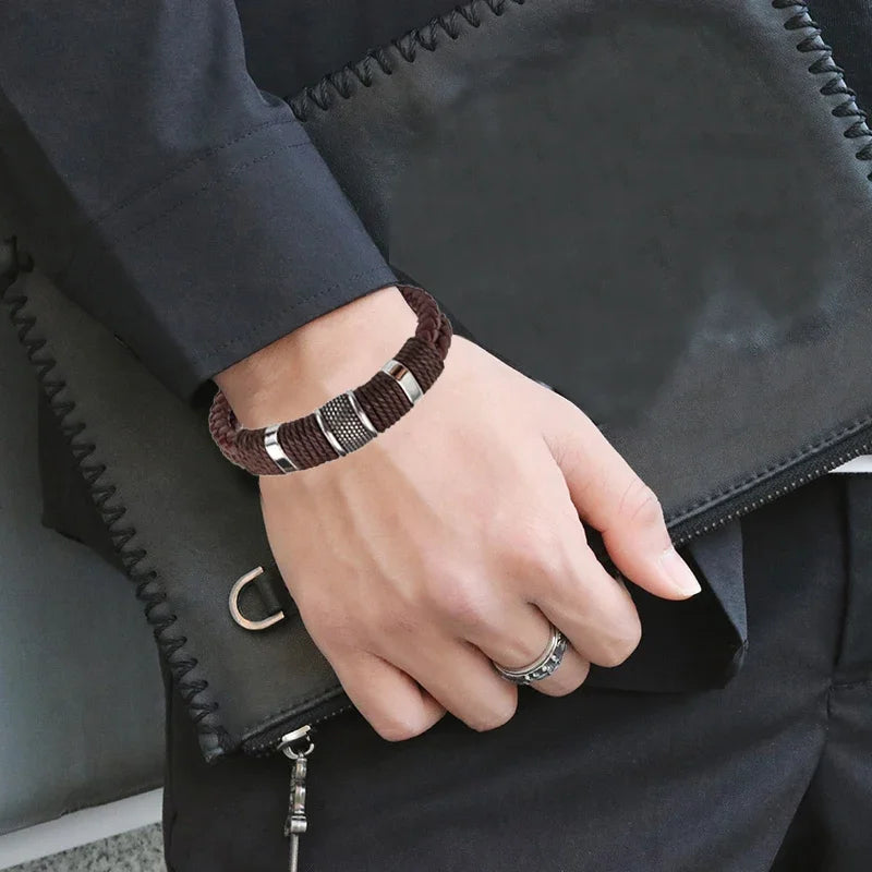 Bracelet Leather Wrap Multilayer Stainless Steel Bead