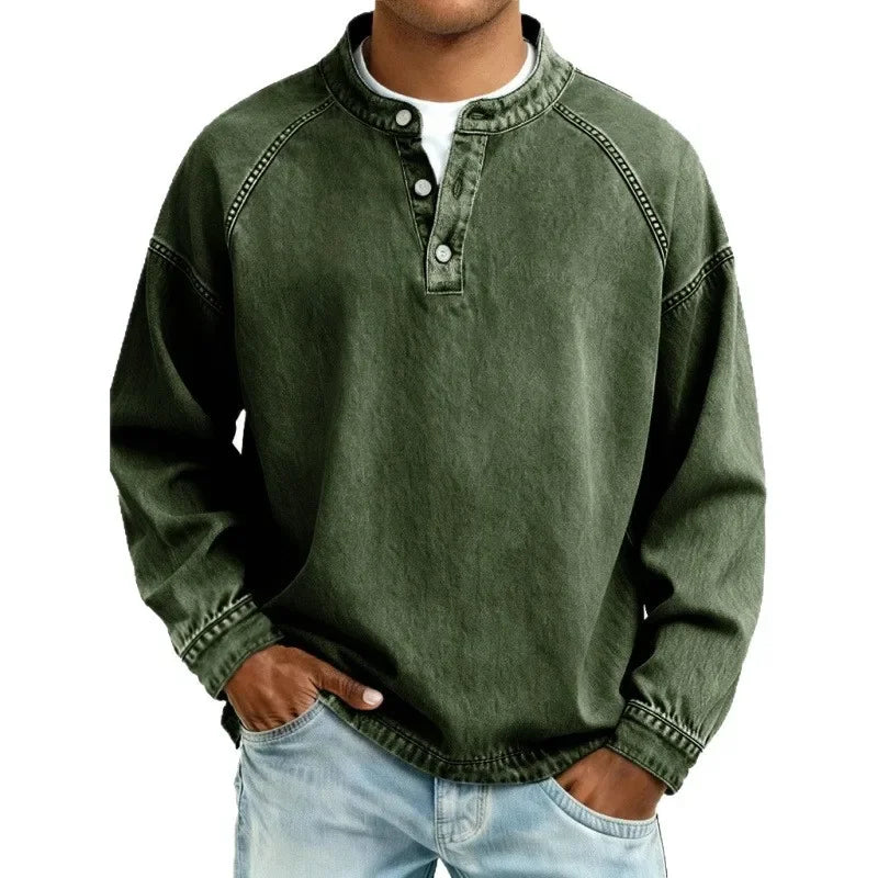 Men's Long Sleeve Henley Shirt Button Placket Relaxed Fit Vintage Style