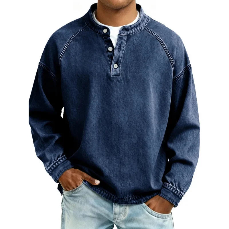 Men's Long Sleeve Henley Shirt Button Placket Relaxed Fit Vintage Style