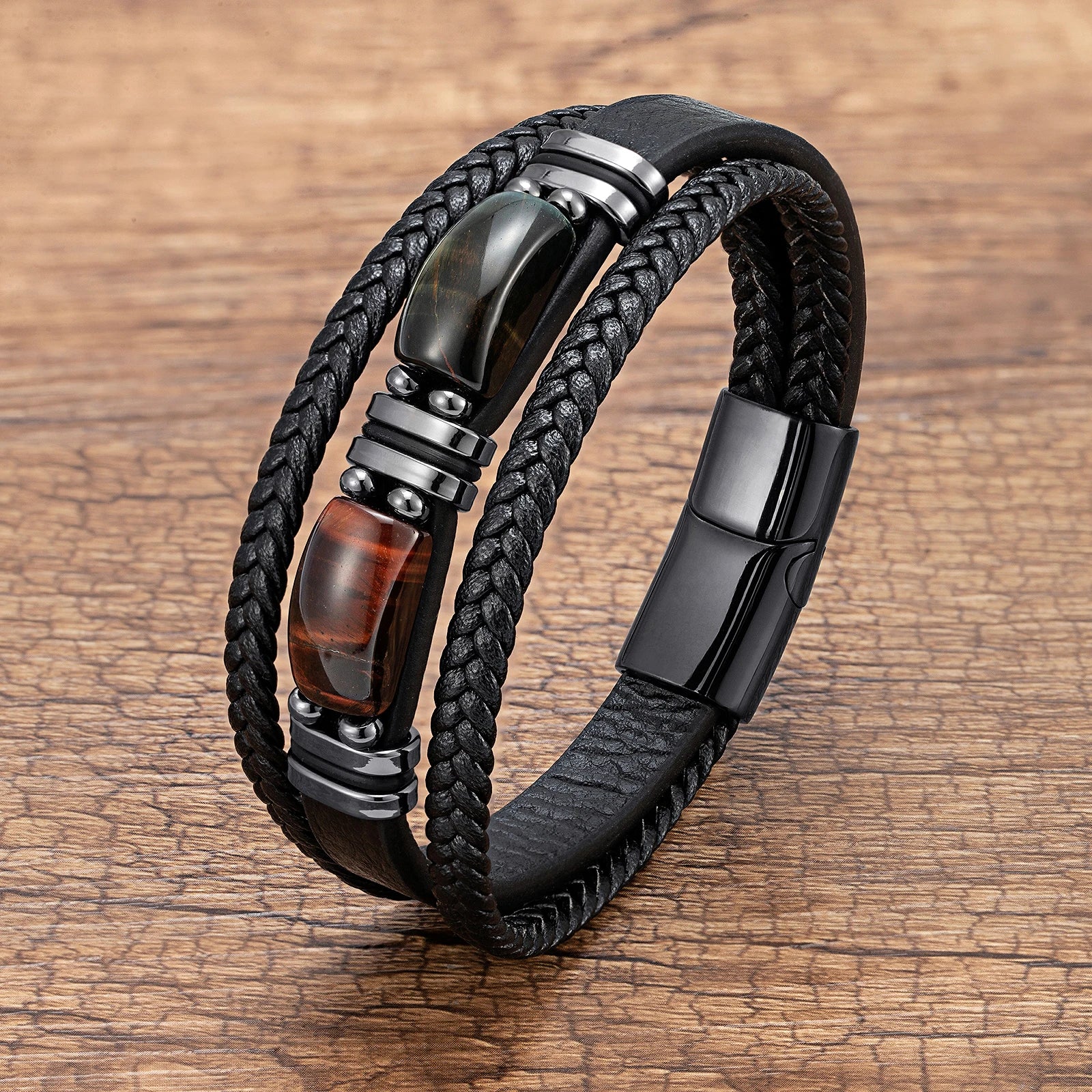 Bracelet Leather Braided Tiger Eye Stone Steel Bead