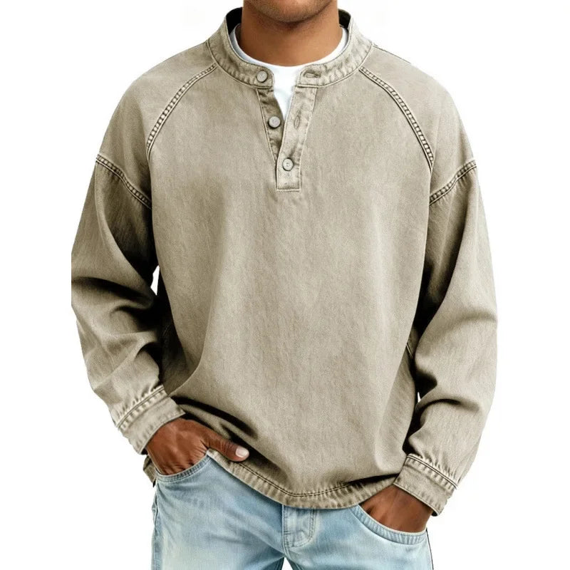 Men's Long Sleeve Henley Shirt Button Placket Relaxed Fit Vintage Style