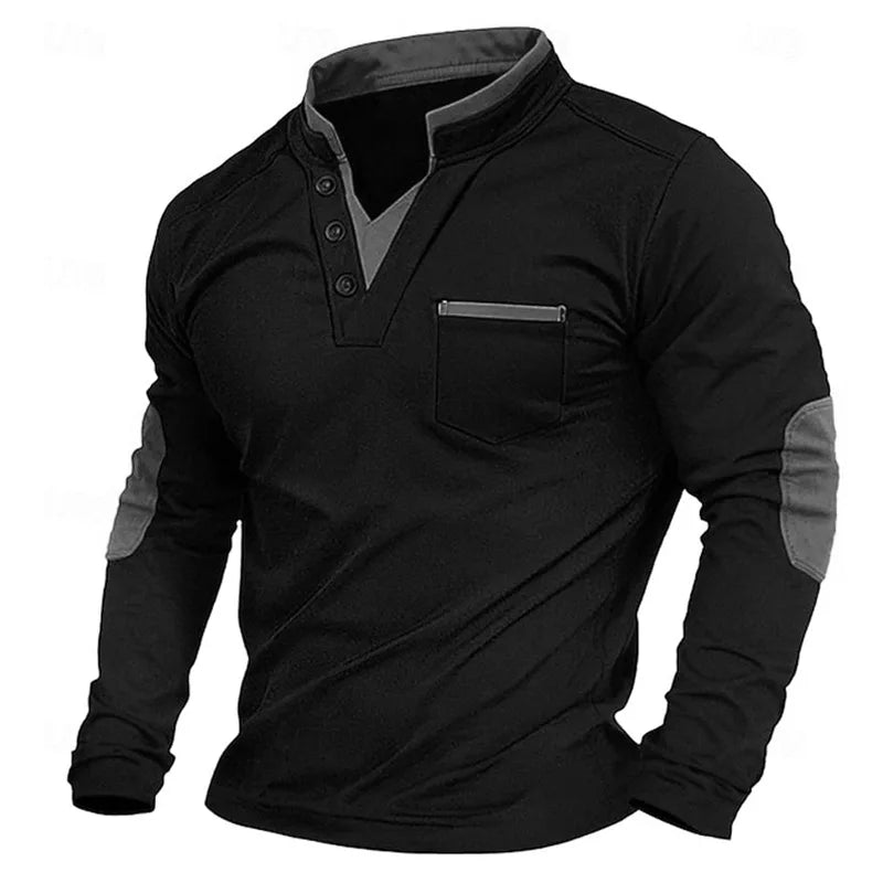 Men's V Neck Sweater Contrast Trim Elbow Patches Relaxed Fit