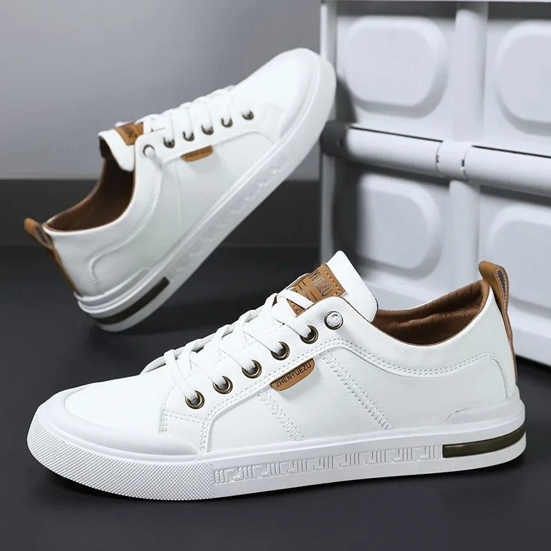 Men's Leather Sneakers Lace Up Cushioned Insole Low Top Casual