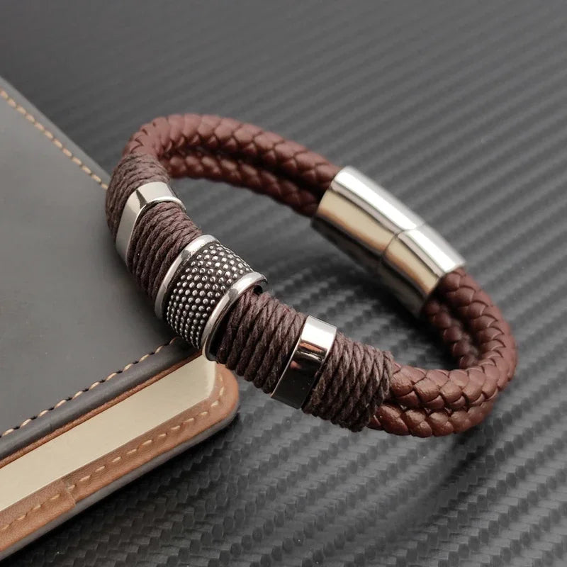 Bracelet Leather Wrap Multilayer Stainless Steel Bead