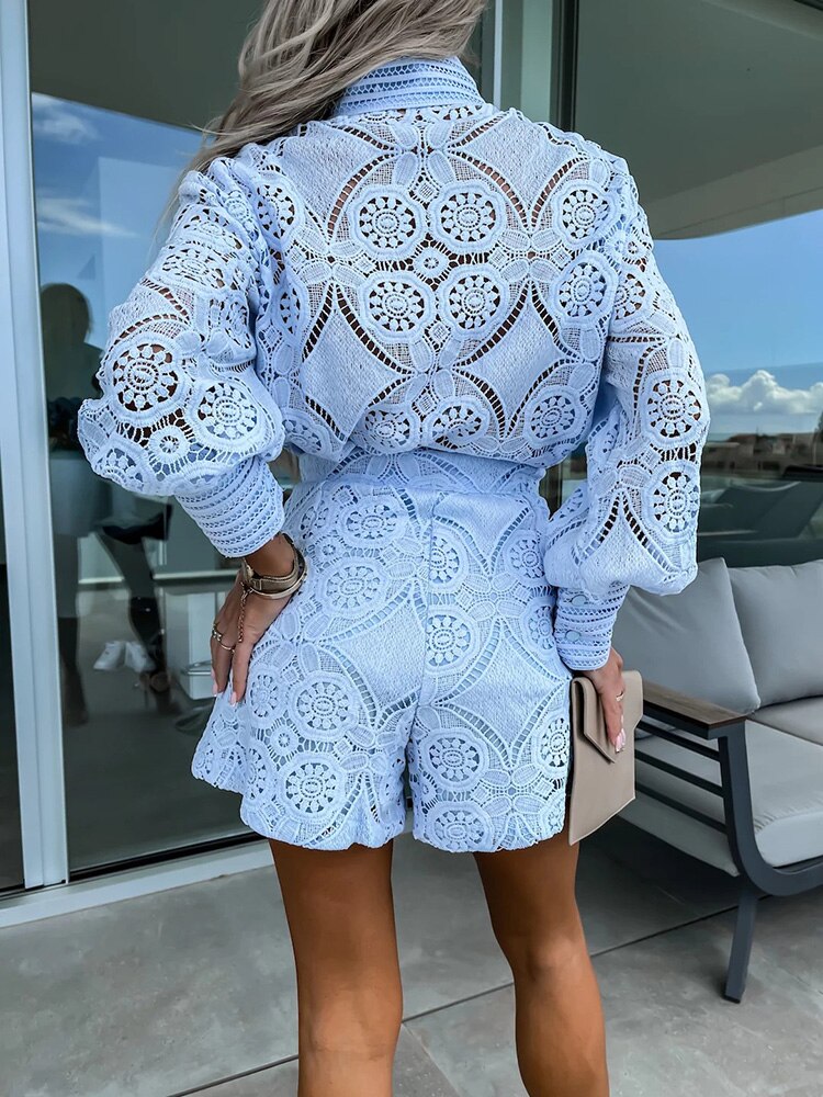 Lace Two Piece Set Women Long Sleeve Top and Shorts Summer
