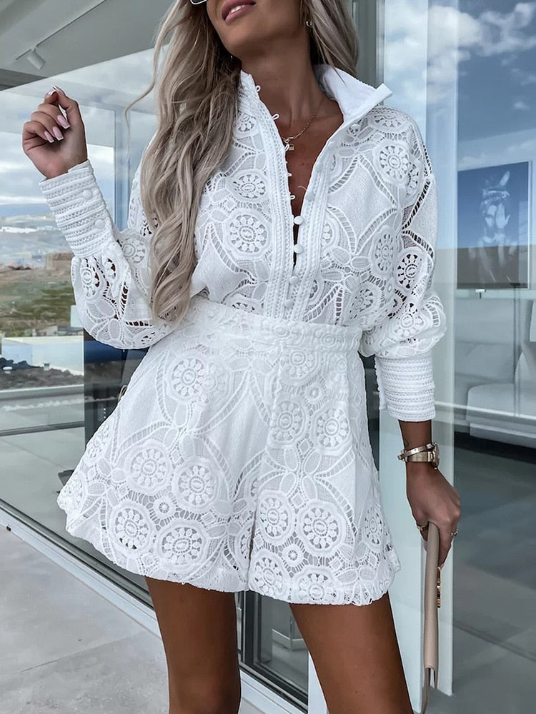 Lace Two Piece Set Women Long Sleeve Top and Shorts Summer