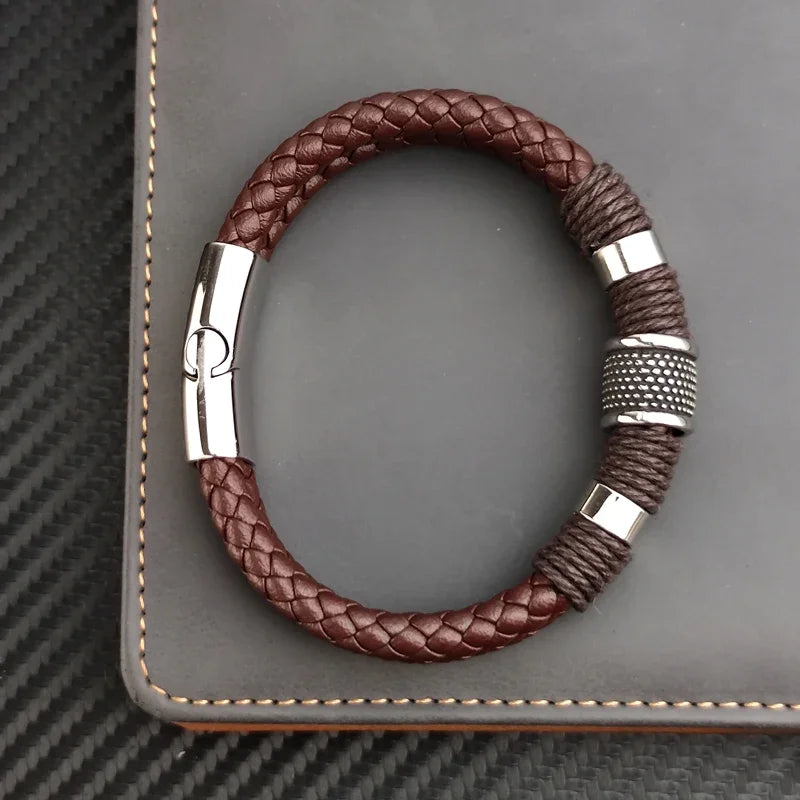 Bracelet Leather Wrap Multilayer Stainless Steel Bead