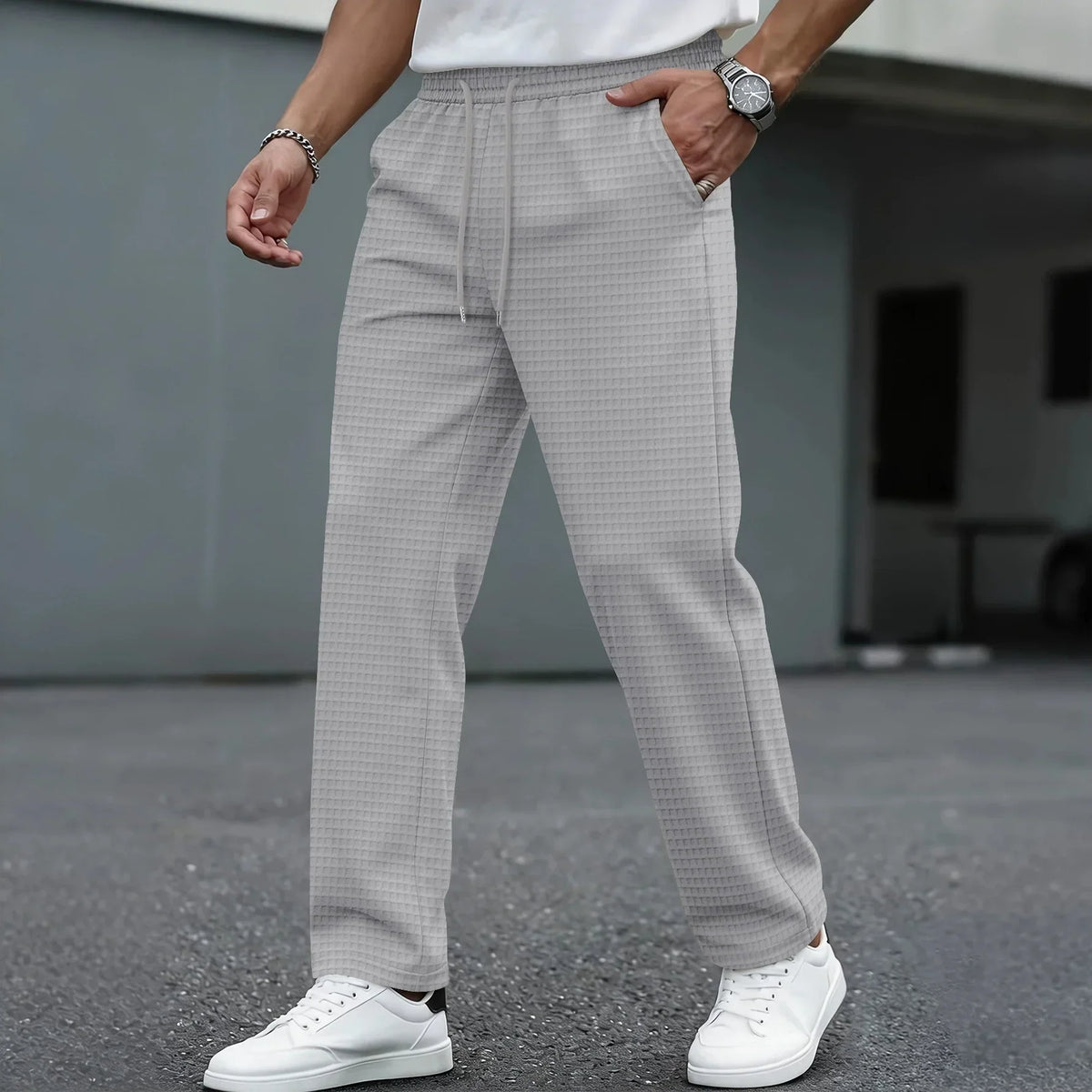 Men's Elasticated Waist Trousers Drawstring Straight Leg Smart Casual