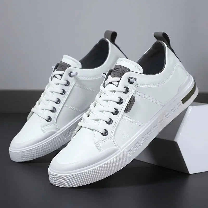 Men's Leather Sneakers Lace Up Cushioned Insole Low Top Casual