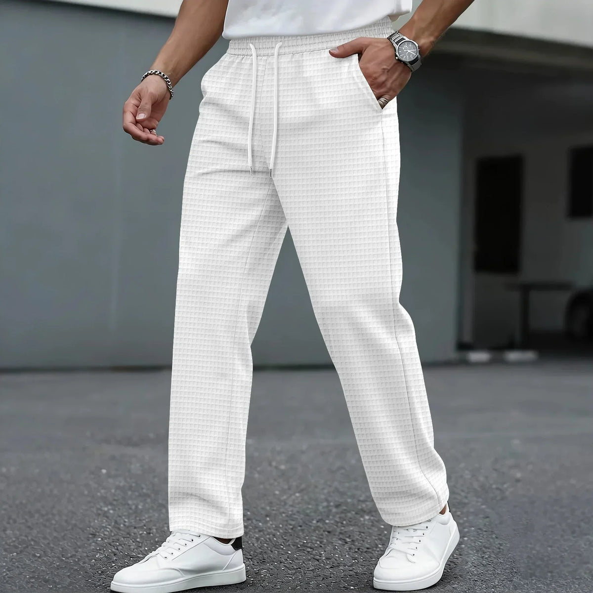 Men's Straight Leg Joggers Drawstring Waist Textured Mid Rise