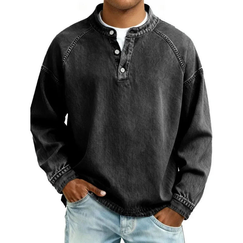 Men's Long Sleeve Henley Shirt Button Placket Relaxed Fit Vintage Style