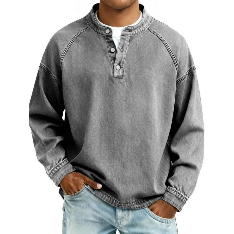 Men's Long Sleeve Henley Shirt Button Placket Relaxed Fit Vintage Style