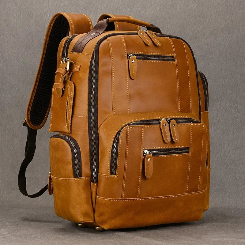 Men's Vintage Leather-Look Backpack Laptop Compartment Multiple Pockets