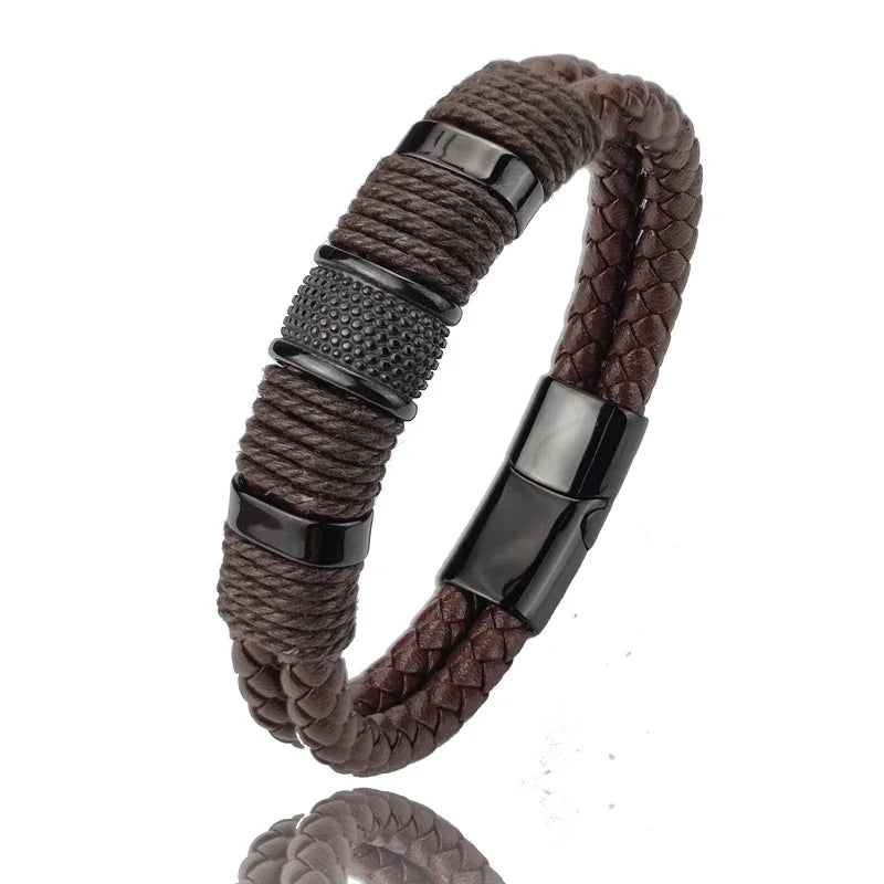 Bracelet Leather Wrap Multilayer Stainless Steel Bead