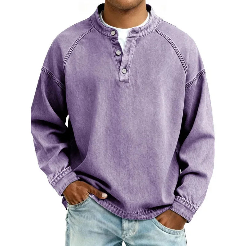 Men's Long Sleeve Henley Shirt Button Placket Relaxed Fit Vintage Style