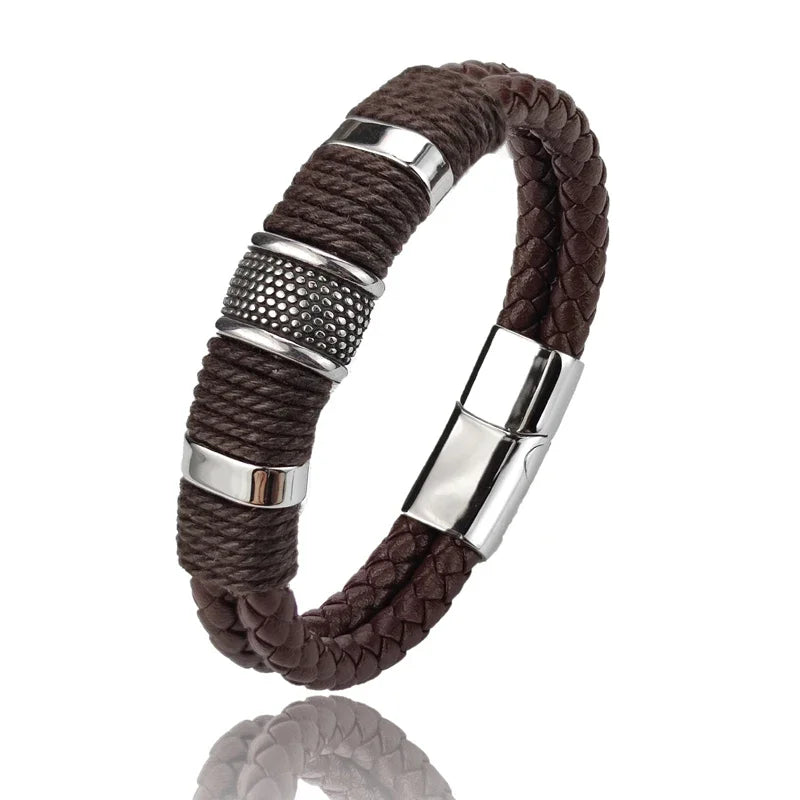Bracelet Leather Wrap Multilayer Stainless Steel Bead