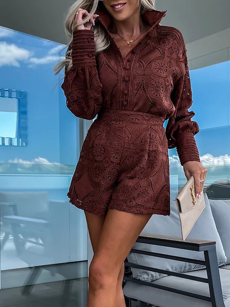 Lace Two Piece Set Women Long Sleeve Top and Shorts Summer