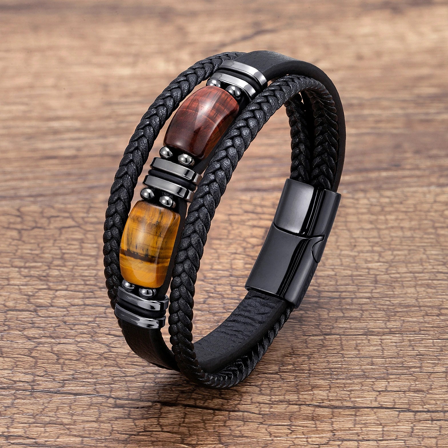 Bracelet Leather Braided Tiger Eye Stone Steel Bead