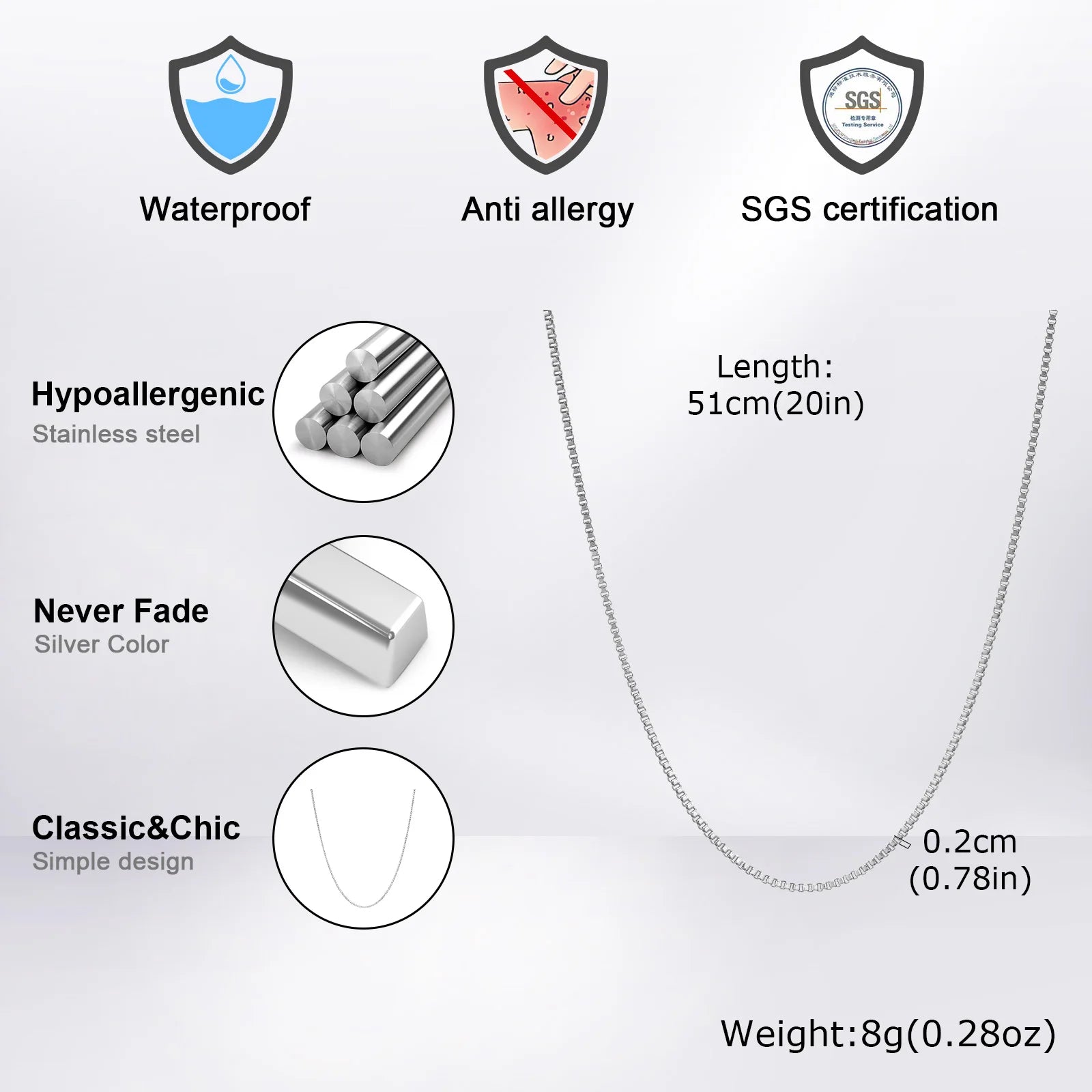 Necklace Stainless Steel Square Box Chain