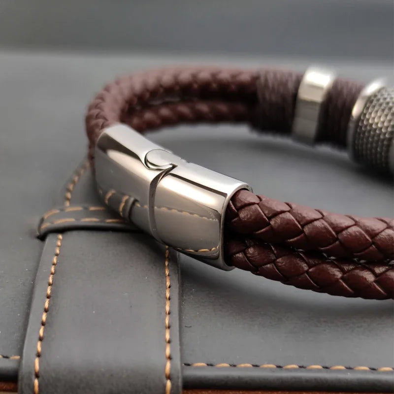 Bracelet Leather Wrap Multilayer Stainless Steel Bead