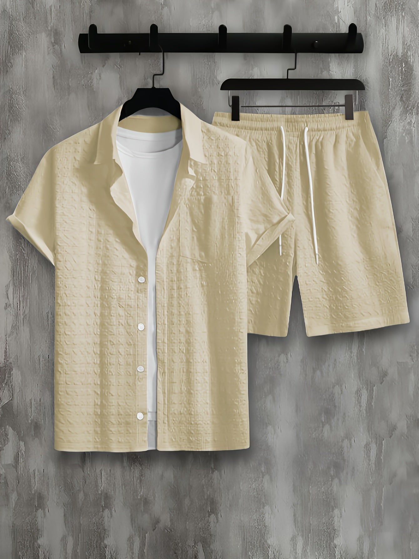 Men's Shirt Shorts Set Cotton Textured Waffle