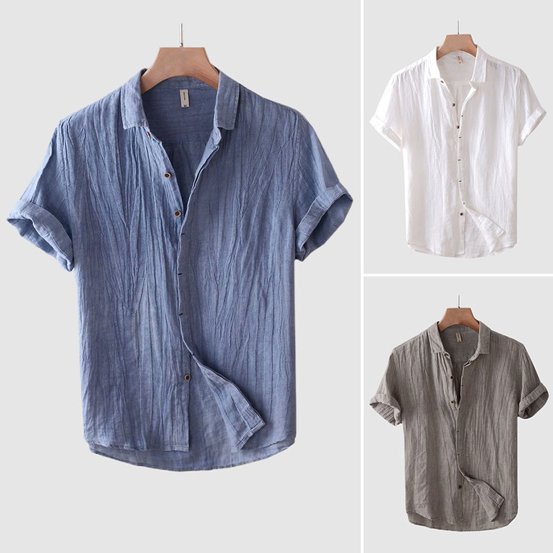 Crinkle Linen Shirt Men Linen Short Sleeve Button Front Relaxed Fit Casual