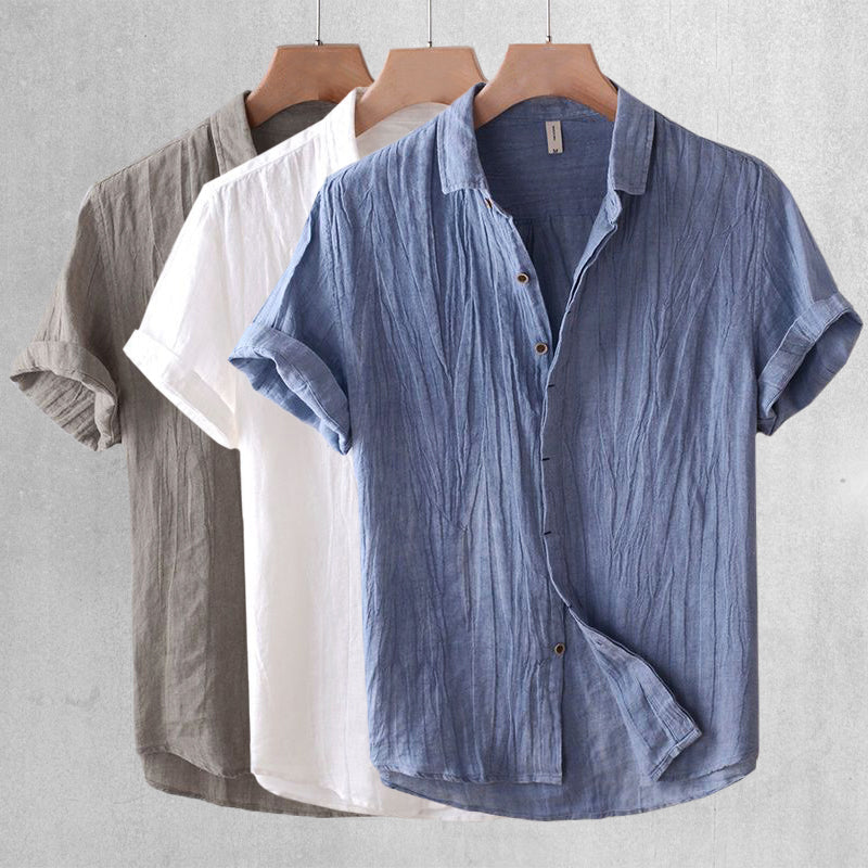 Crinkle Linen Shirt Men Linen Short Sleeve Button Front Relaxed Fit Casual