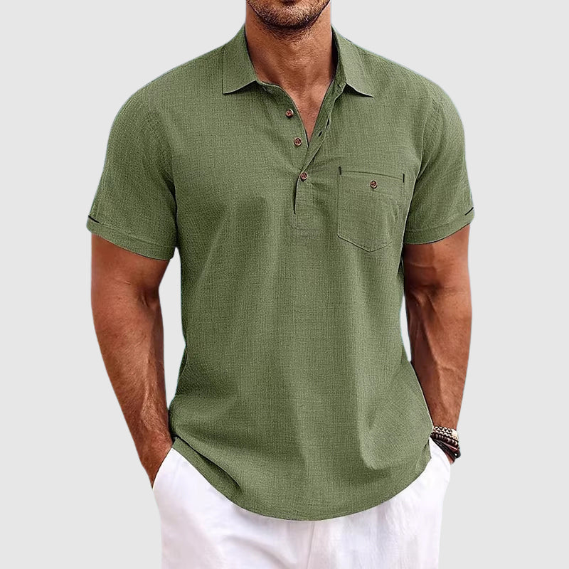 Short Sleeve Linen Polo Shirt Men Linen Horn Button Chest Pocket Relaxed Fit