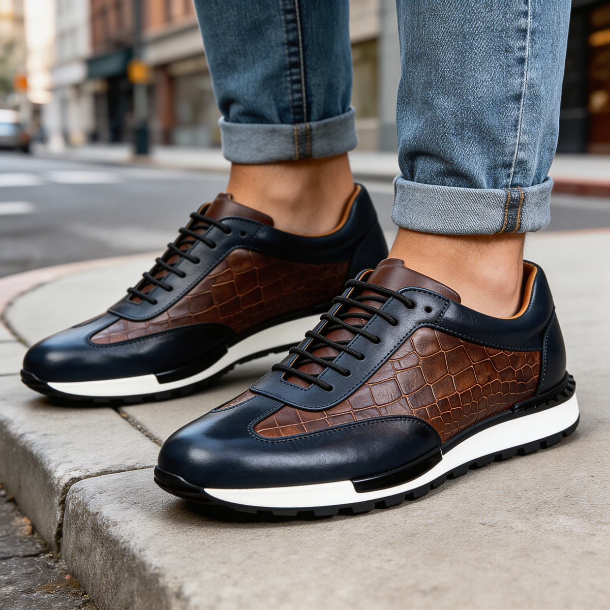 Men's Leather Trainers Brogue Detail Textured Smart Casual Lace Up