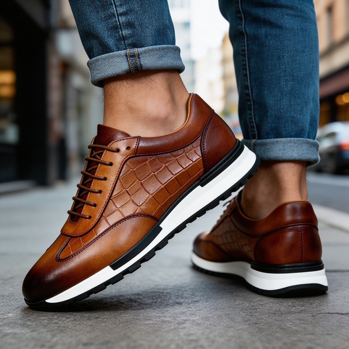 Men's Leather Trainers Brogue Detail Textured Smart Casual Lace Up