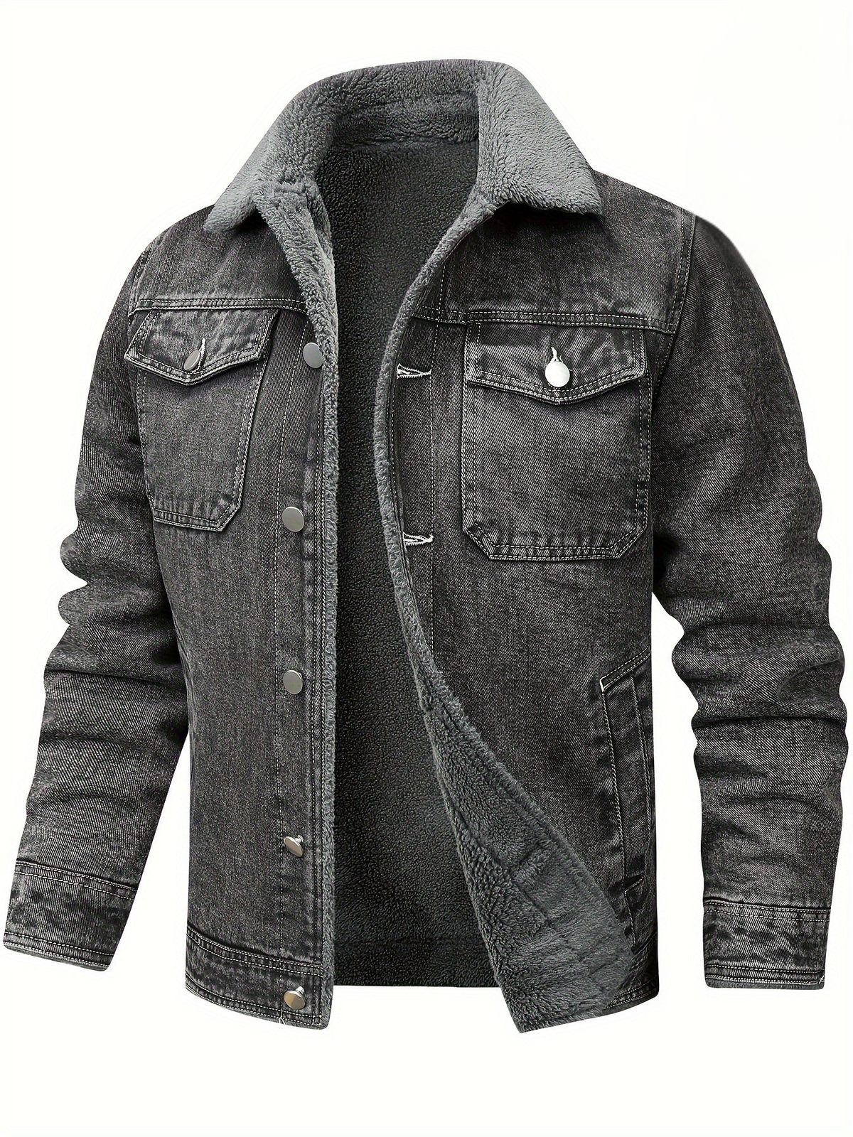 Men's Sherpa Lined Denim Jacket Washed Point Collar Warm Winter