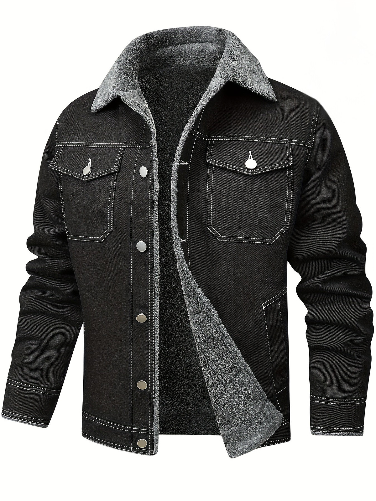 Men's Sherpa Lined Denim Jacket Washed Point Collar Warm Winter