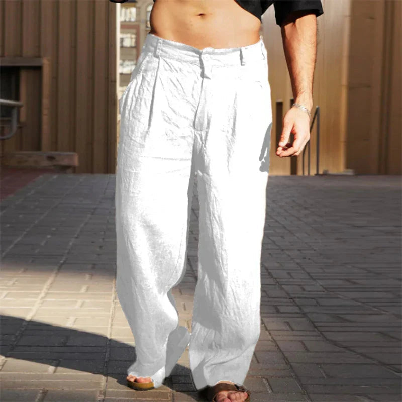 Men's Wide Leg Linen Trousers Pleated Front Button Closure