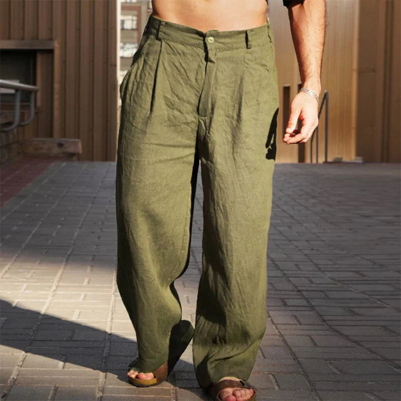 Men's Wide Leg Linen Trousers Pleated Front Button Closure