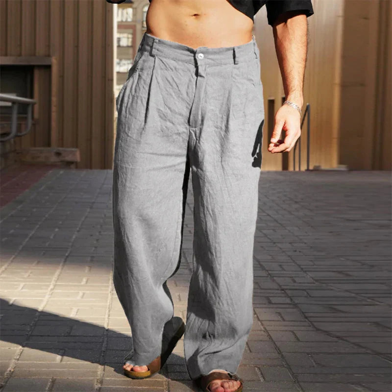 Men's Wide Leg Linen Trousers Pleated Front Button Closure