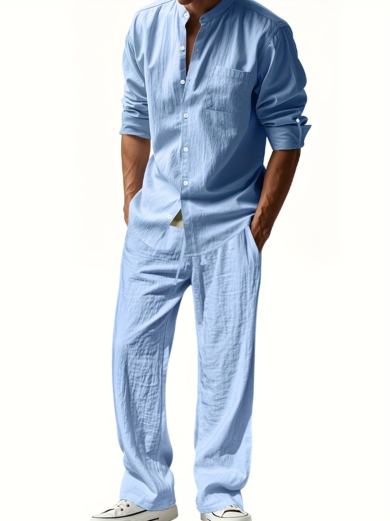 Men's Linen Shirt Trousers Set Stand Collar