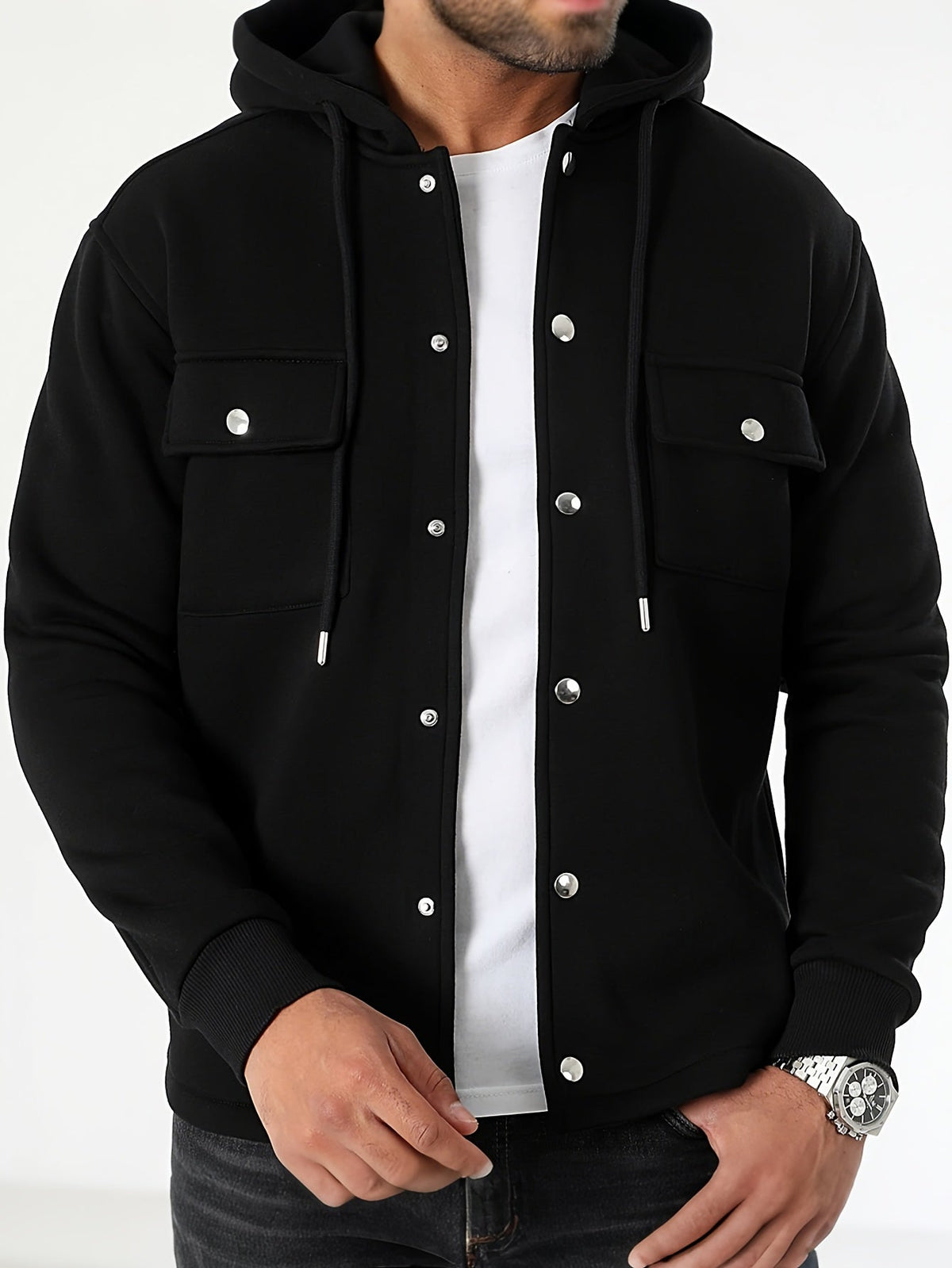 Men's Hooded Overshirt Knitted Shacket Chest Pockets Button Front