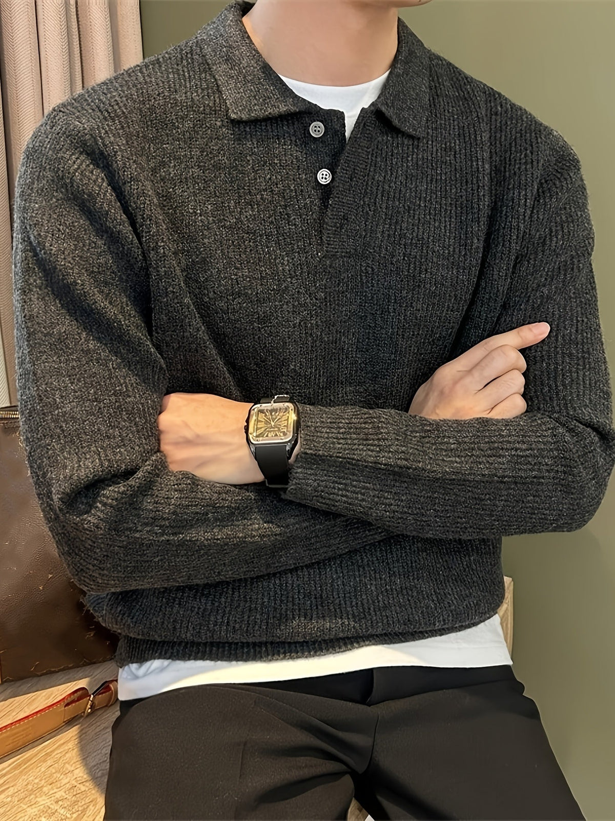 Men's Knitted Polo Ribbed Long Sleeve Stretch Cotton Blend