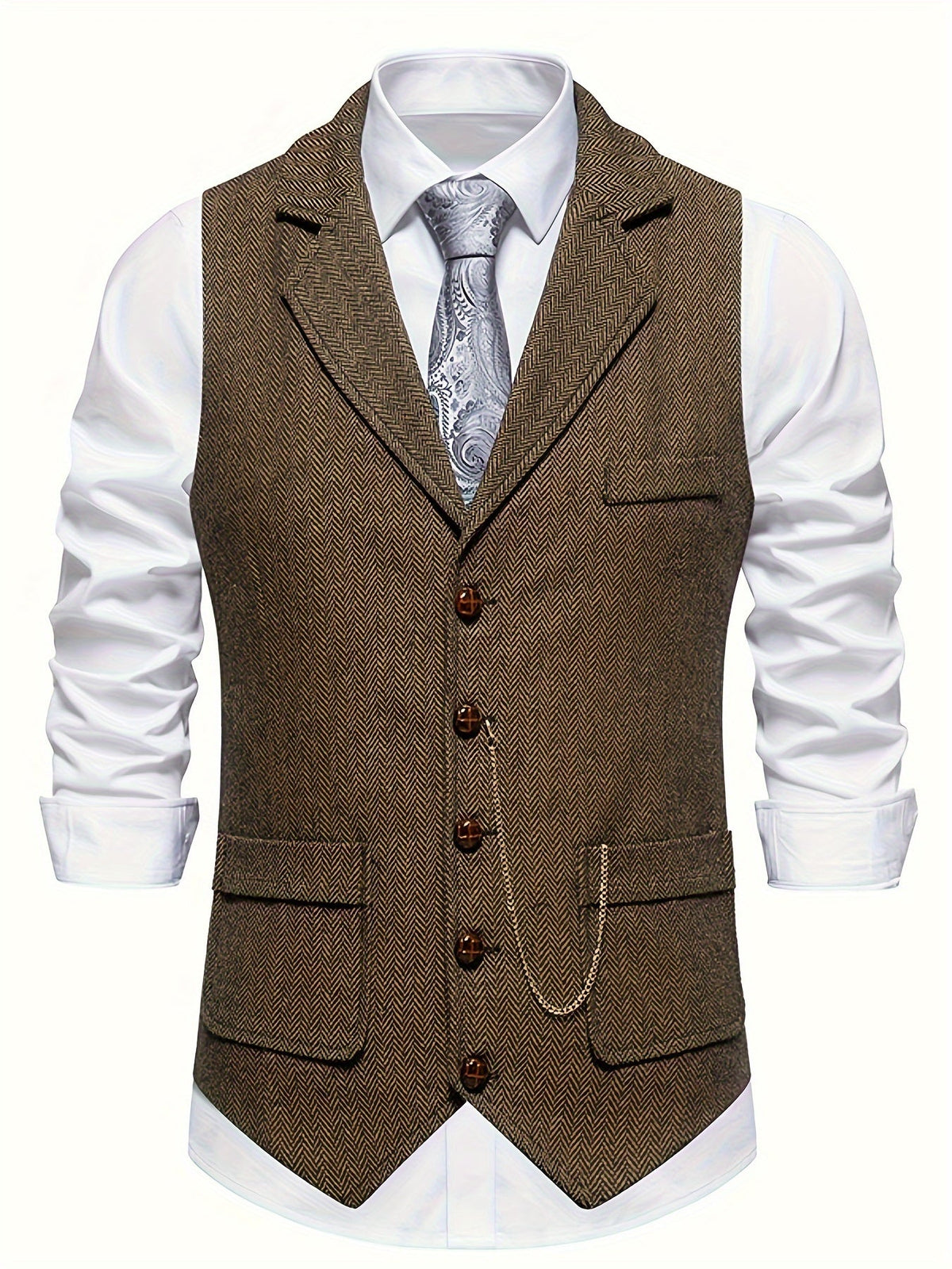 Men's Waistcoat Notch Lapel Chain Accent Button Front Textured
