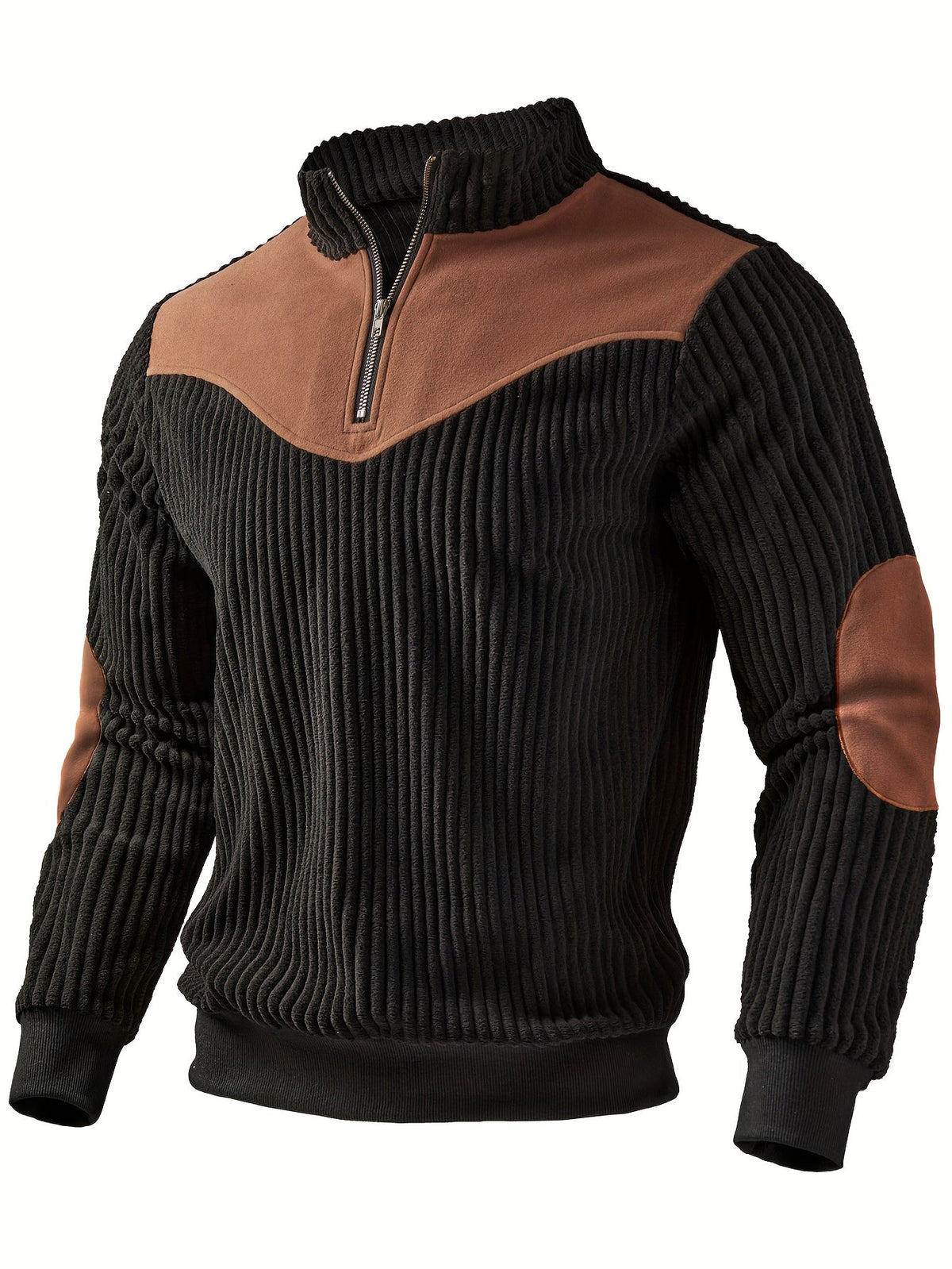 Men's Ribbed Half Zip Jumper Stand Collar Contrast Shoulder Patches