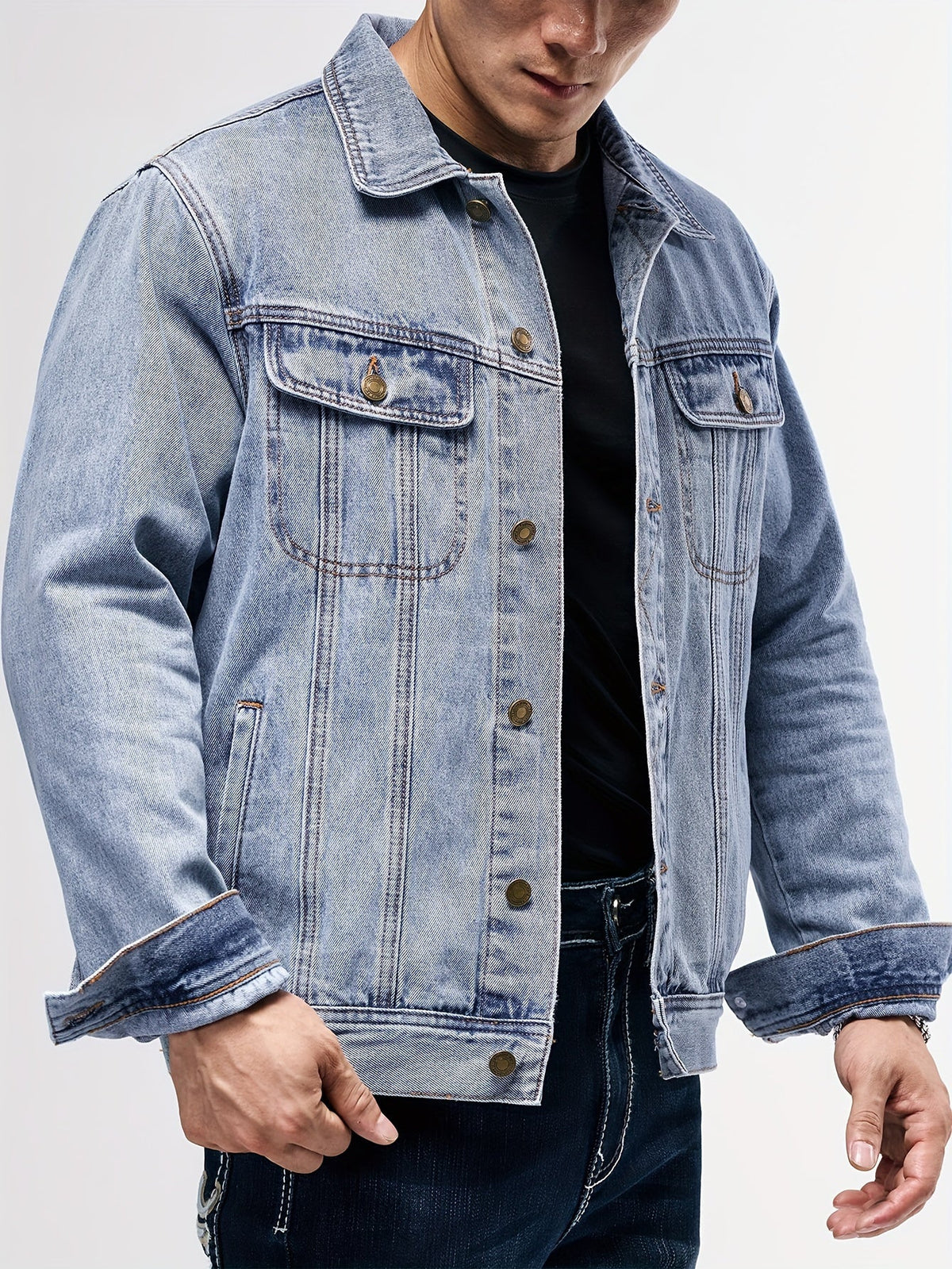 Men's Denim Trucker Jacket Point Collar Button Front Chest Pockets