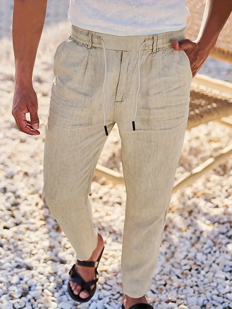 Trousers Linen Straight Fit Elasticated Drawstring Waist