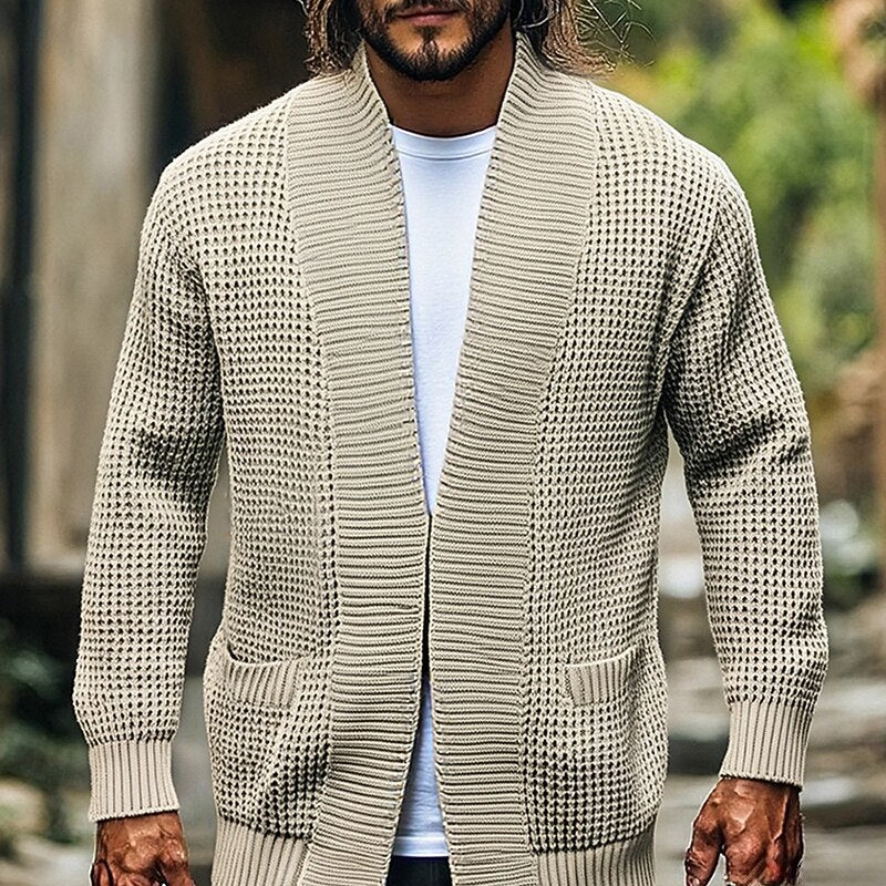 Menâs Open Front Cardigan Waffle Knit with Front Pockets