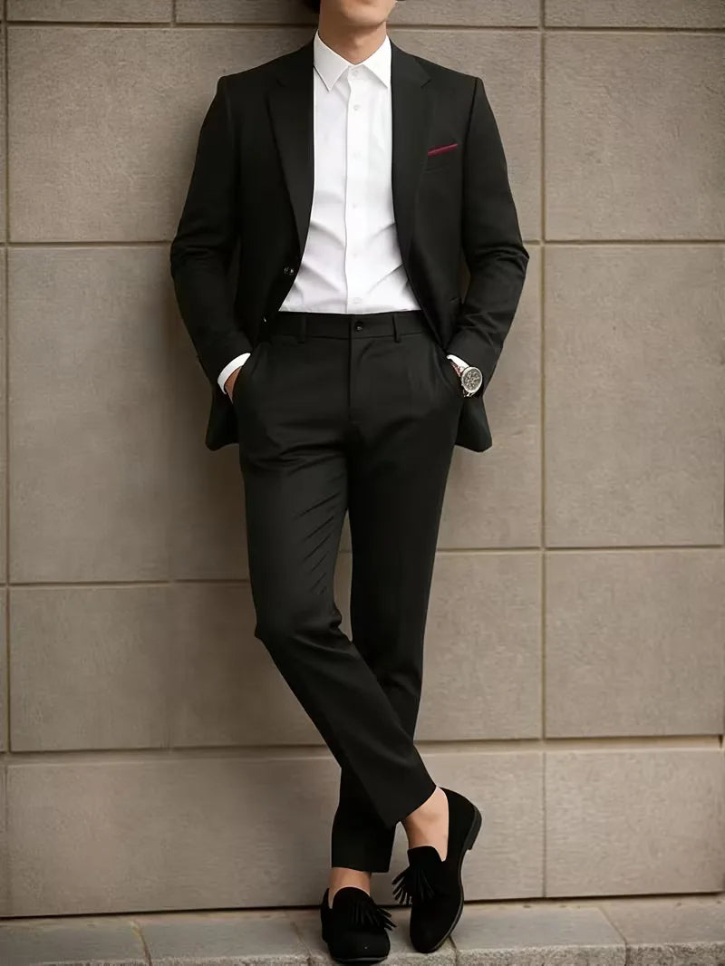 Slim Fit Suit Set Men Woven Fabric Notch Lapel Chest Pocket Straight Leg Ankle Length