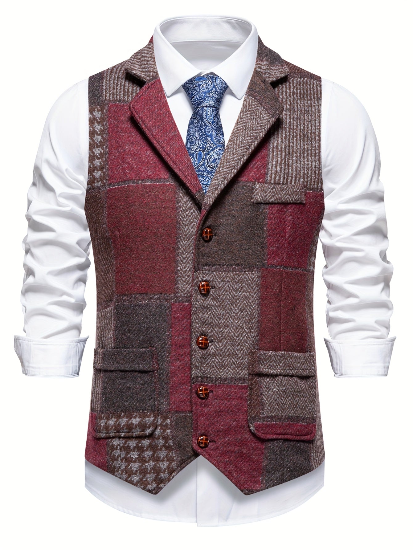 Patchwork Suit Vest Men Vintage Tweed Waistcoat