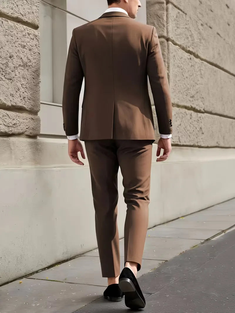 Slim Fit Suit Set Men Woven Fabric Notch Lapel Chest Pocket Straight Leg Ankle Length