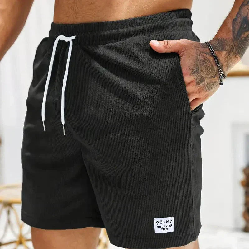 Shorts à cordon côtelés pour hommes en mélange de coton, coupe décontractée, mi-cuisse, poche avant, décontracté