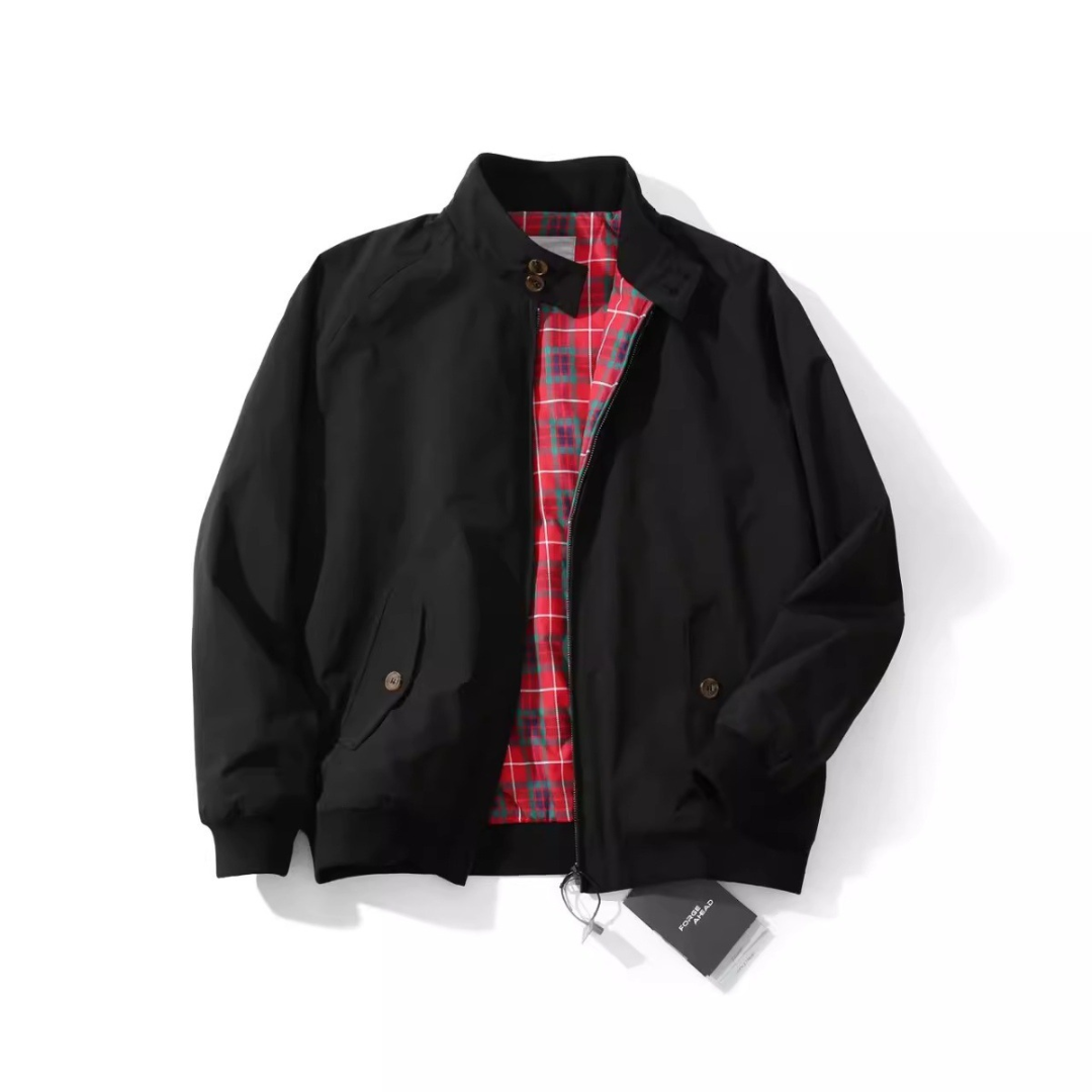 Men's Harrington Jacket with Buttoned Collar and Tartan-Pattern Lining